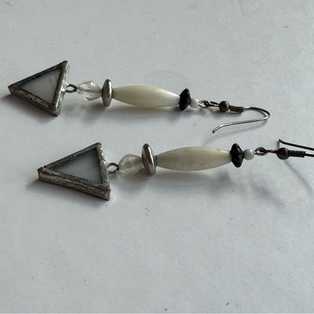 Silver and Cream Triangle Dangle Earrings - Picture 6 of 6